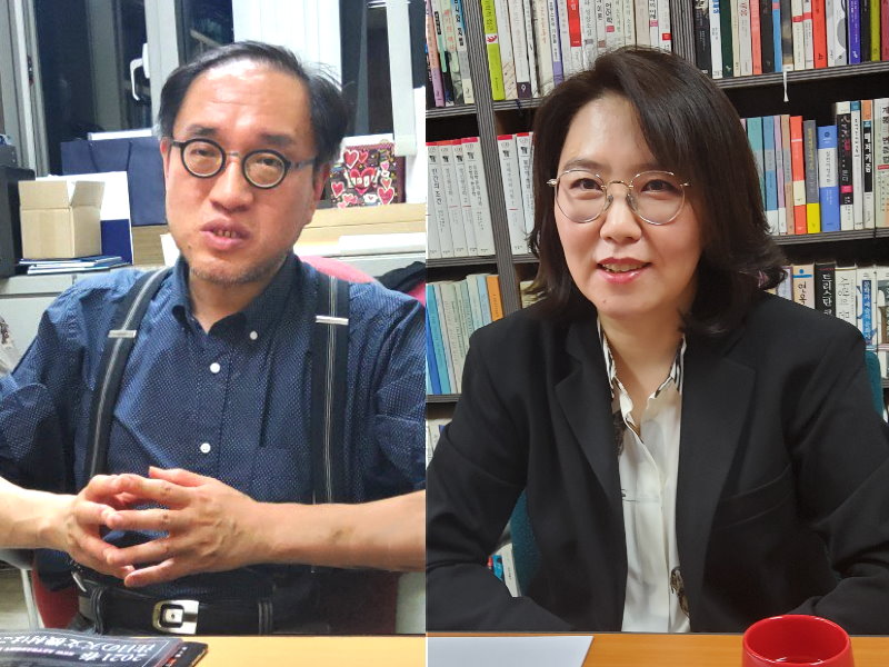 兩位南韓最負盛名的電影專家─西京大學韓日文化藝術研究所研究員鄭智旭(左)與江南大學韓英文化內容學系教授姜由楨(右)。(攝影:楊虔豪)