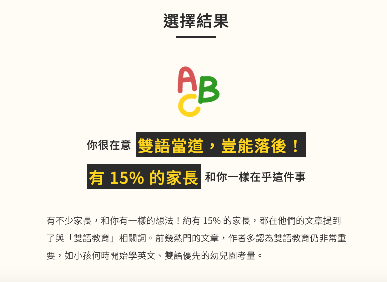 透過選擇關鍵詞組以後,可以看到你最在乎的幼兒園條件,又跟多少家長相同。